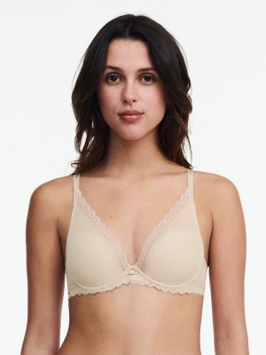 Beige Brown Chantelle Parisian Allure Plunge Women T-Shirt Bra | NZH589JQ