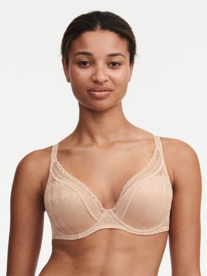 Beige Chantelle Impression Lace Plunge Contour Women Bras | OBW3637GW