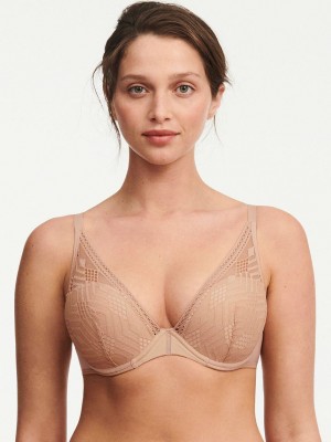 Beige Chantelle Ondine Lace Plunge Contour Women Bras | SBR7684RI