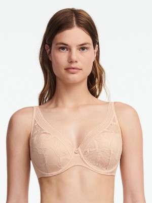 Beige Pink Chantelle True Lace Comfort Plunge Women Bras | NNO5775SU