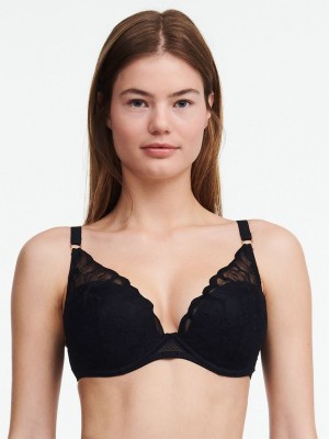 Black Chantelle Fleurs Plunging Women T-Shirt Bra | RAB6847CB