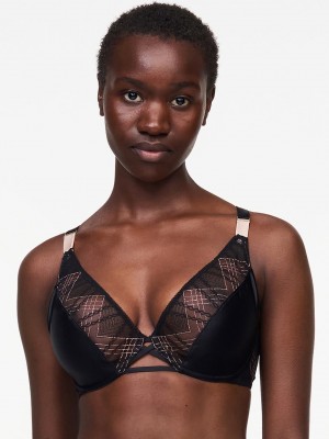 Black Pink Chantelle Memento Lace Plunge Women Unlined Bra | CLW3437DF