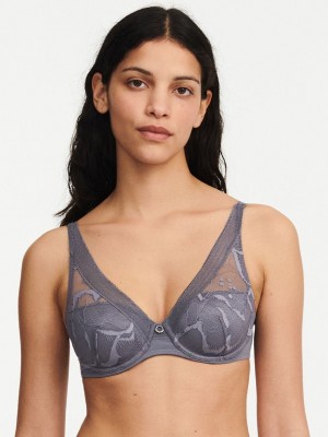 Grey Chantelle True Lace Comfort Plunge Women Bras | EUB429BL