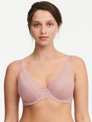 Rose Pink Chantelle Everyday Graphique Full Lace Plunge Underwire Women Bras | CWZ2734PT