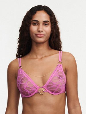 Rose Pink Chantelle Xpression Lace Plunge Women Unlined Bra | HQU752FE