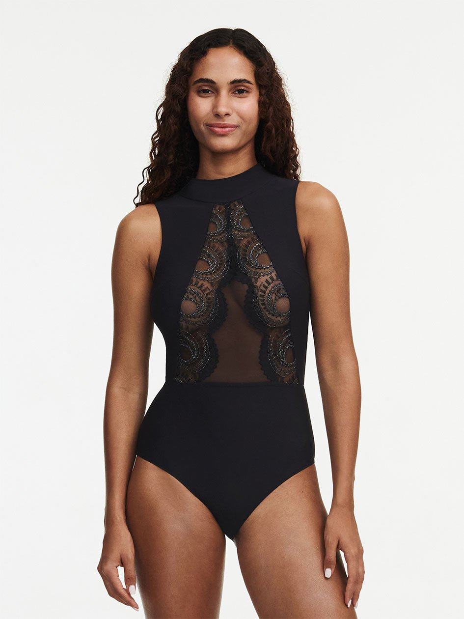 Black Chantelle Mystic Dream Lace Women Bodysuit | RXN1048JU