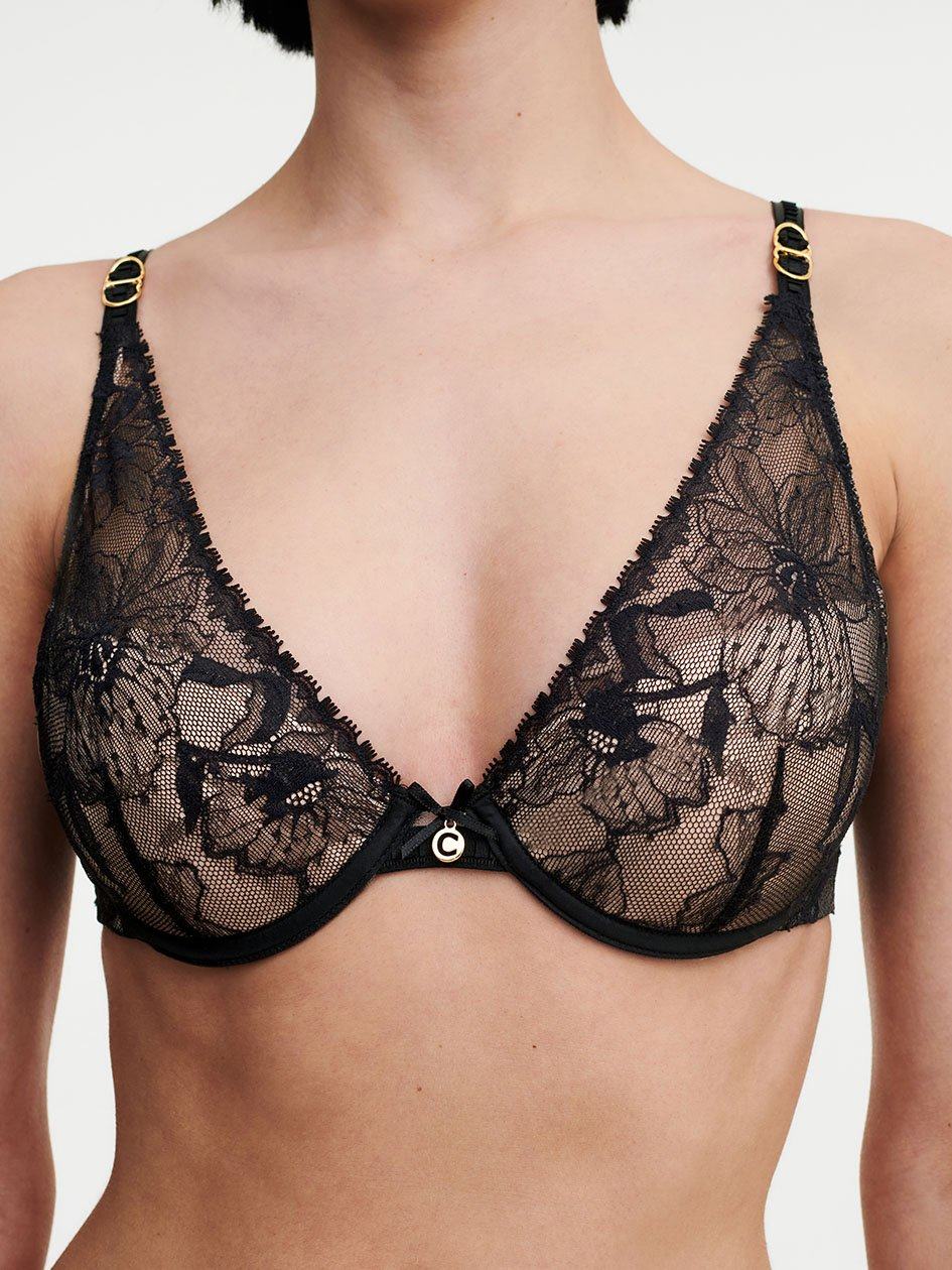 Black Chantelle Orchids Push-up Plunge Women Bra | MBO9039XG