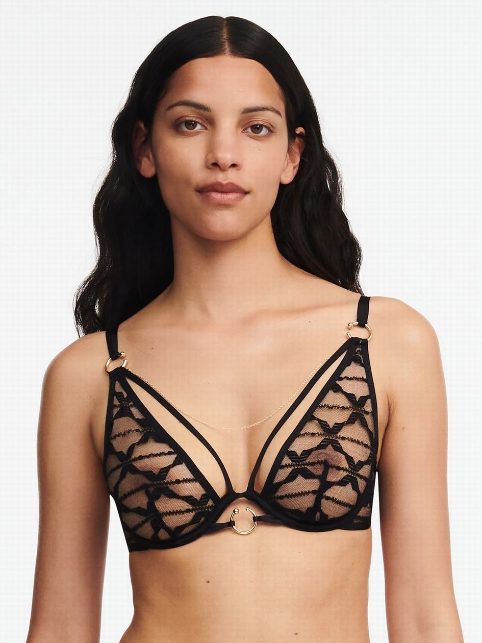 Black Chantelle Xpression Lace Plunge Women Unlined Bra | JEZ2410LX